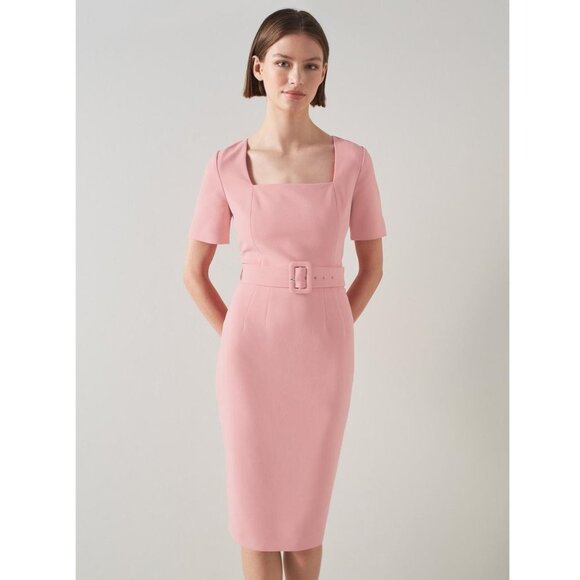 LK BENNETT Leonora Pink Shift Dress / Size 12 / Pink Crepe Belted Work - Picture 2 of 8